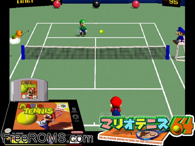 Mario Tennis N64 game showing 3D box cover and gameplay screenshot