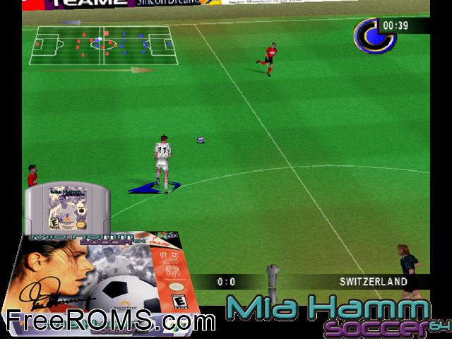 Mia Hamm Soccer 64 N64 game showing 3D box cover and gameplay screenshot