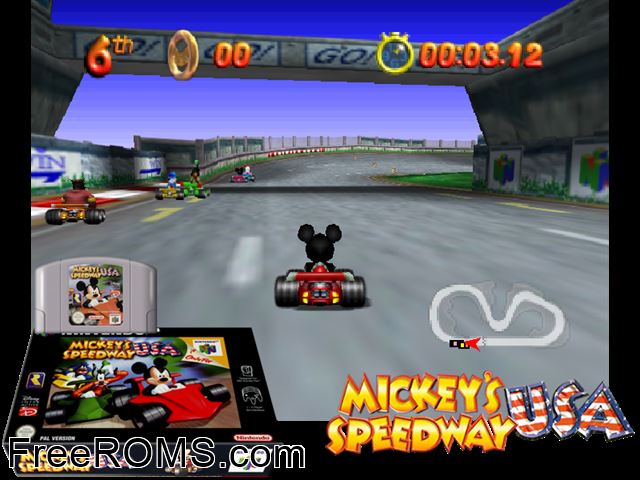 Mickey's Speedway USA N64 game showing 3D box cover and gameplay screenshot