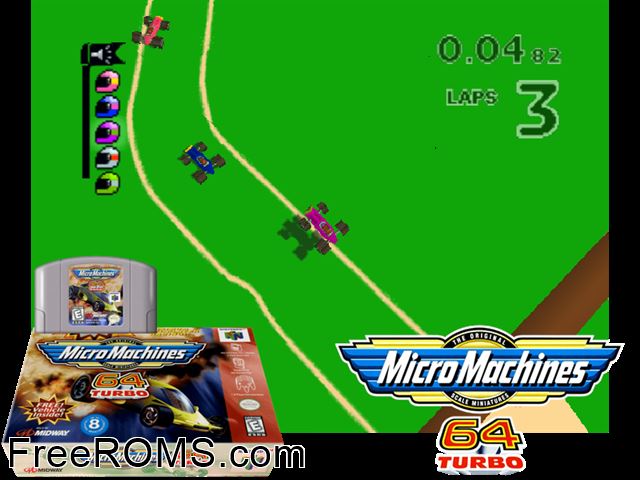 Micro Machines 64 Turbo N64 game showing 3D box cover and gameplay screenshot