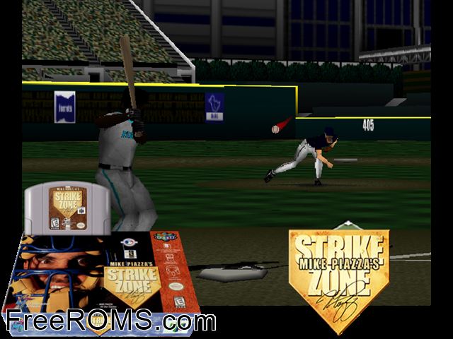Mike Piazzas Strike Zone N64 game showing 3D box cover and gameplay screenshot