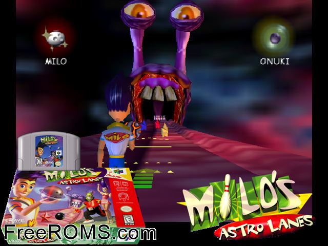 Milos Astro Lanes N64 game showing 3D box cover and gameplay screenshot