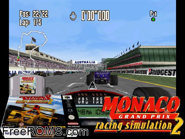Monaco Grand Prix - Racing Simulation 2 N64 game showing 3D box cover and gameplay screenshot
