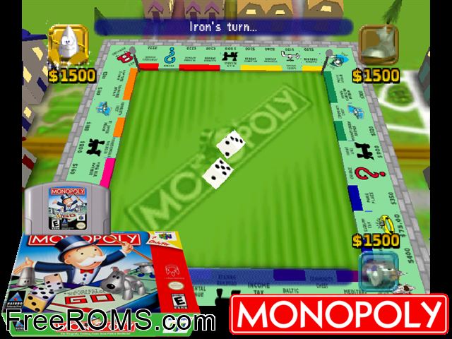 Monopoly N64 game showing 3D box cover and gameplay screenshot