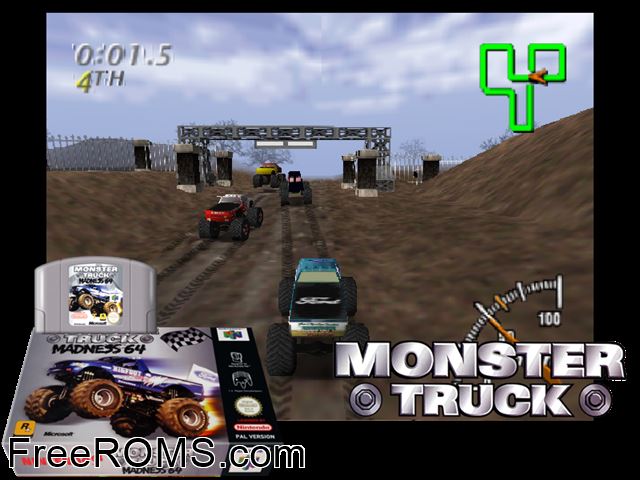 Monster Truck Madness 64 N64 game showing 3D box cover and gameplay screenshot
