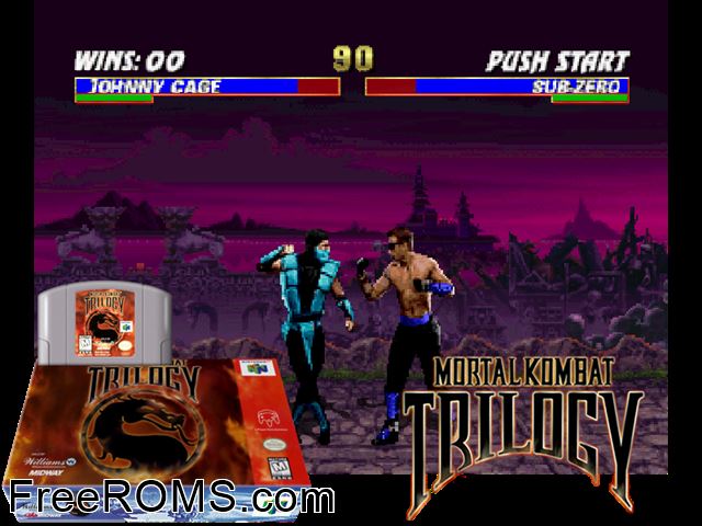 Mortal Kombat Trilogy N64 game showing 3D box cover and gameplay screenshot