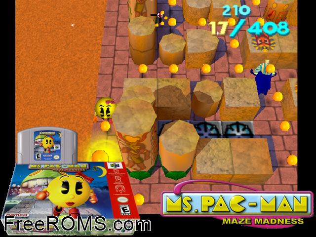 Ms. Pac-Man - Maze Madness N64 game showing 3D box cover and gameplay screenshot