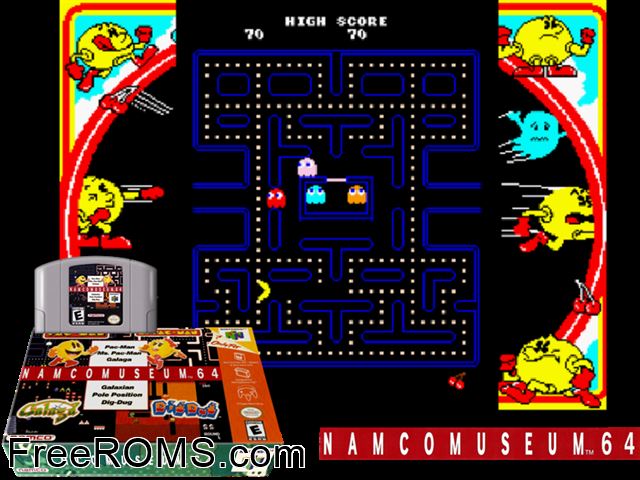 Namco Museum 64 N64 game showing 3D box cover and gameplay screenshot