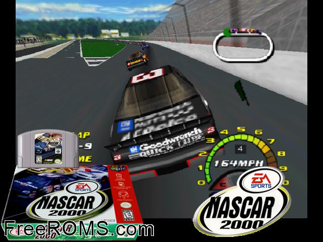 Nascar 2000 N64 game showing 3D box cover and gameplay screenshot