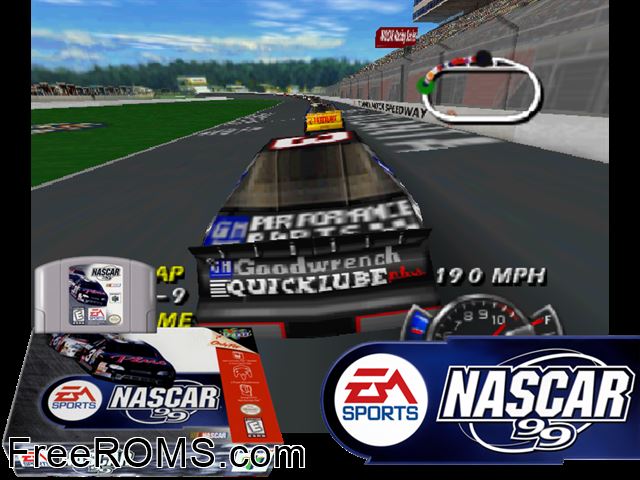 Nascar 99 N64 game showing 3D box cover and gameplay screenshot
