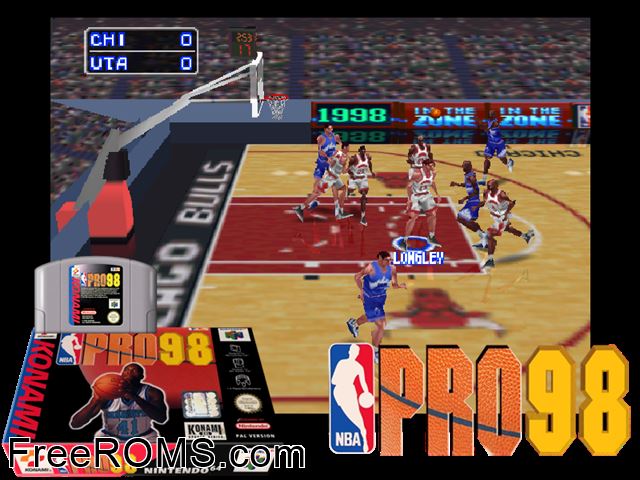 NBA Pro 98 N64 game showing 3D box cover and gameplay screenshot