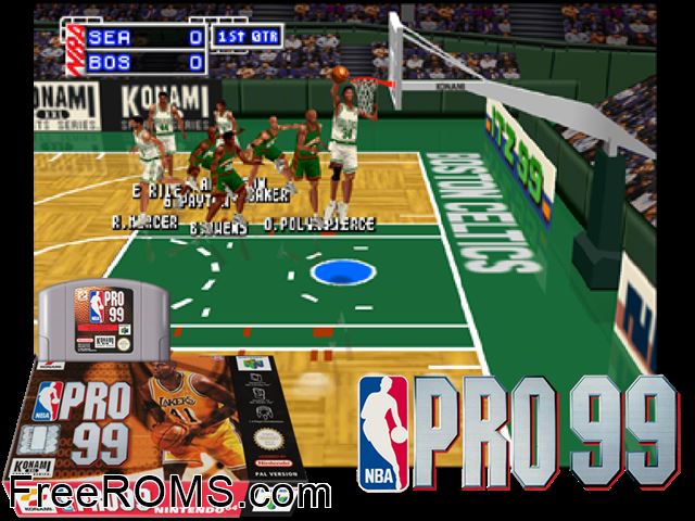 NBA Pro 99 N64 game showing 3D box cover and gameplay screenshot