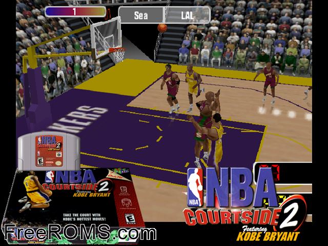 NBA Courtside 2 Featuring Kobe Bryant N64 game showing 3D box cover and gameplay screenshot