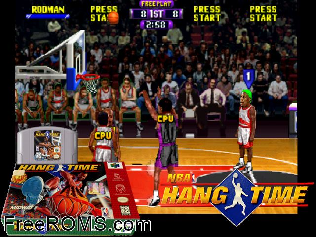 NBA Hangtime N64 game showing 3D box cover and gameplay screenshot