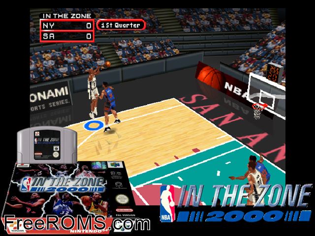 NBA In the Zone 2000 N64 game showing 3D box cover and gameplay screenshot