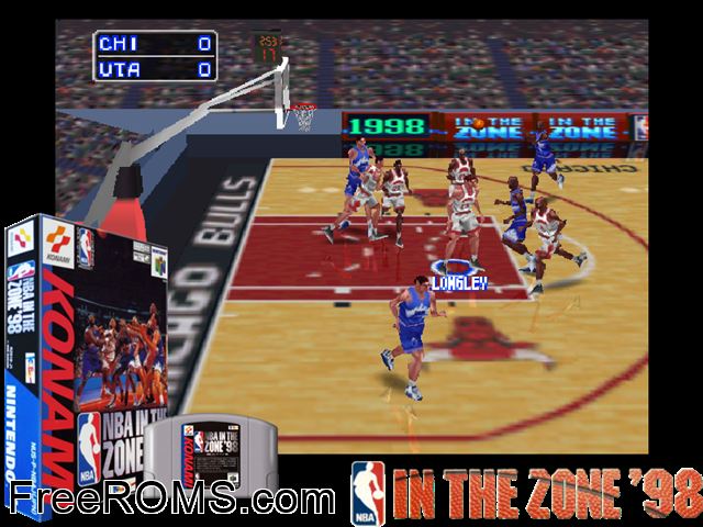 NBA in the Zone '98 N64 game showing 3D box cover and gameplay screenshot