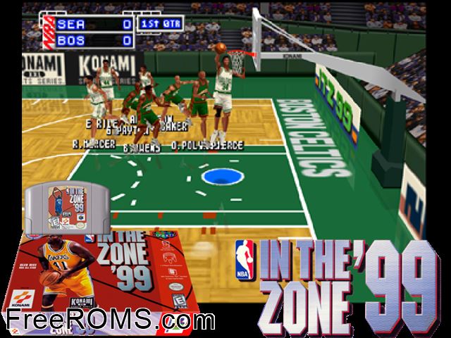 NBA In the Zone '99 N64 game showing 3D box cover and gameplay screenshot