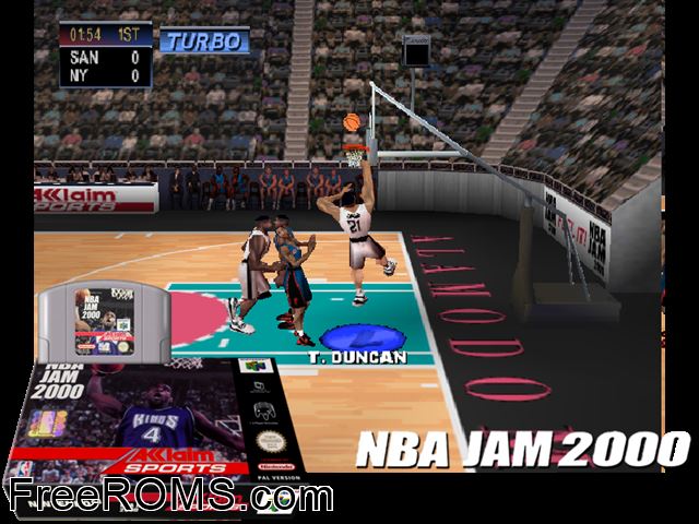 NBA Jam 2000 N64 game showing 3D box cover and gameplay screenshot
