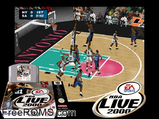 NBA Live 2000 N64 game showing 3D box cover and gameplay screenshot