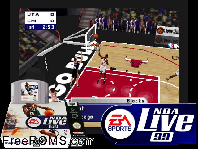 NBA Live 99 N64 game showing 3D box cover and gameplay screenshot