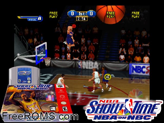 NBA Showtime - NBA on NBC N64 game showing 3D box cover and gameplay screenshot