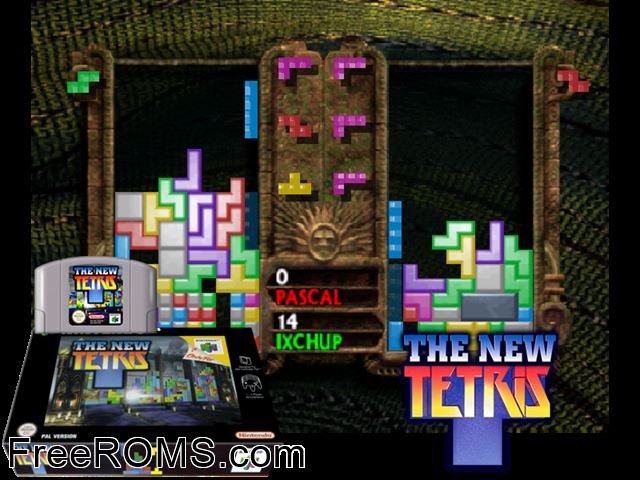 New Tetris N64 game showing 3D box cover and gameplay screenshot