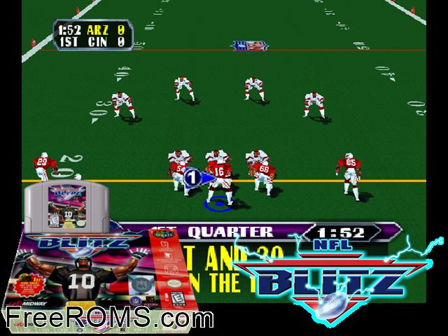 NFL Blitz N64 game showing 3D box cover and gameplay screenshot