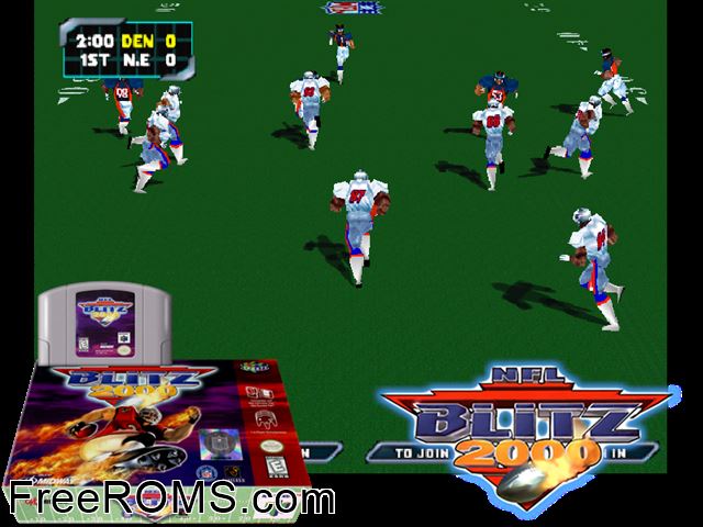 NFL Blitz 2000 N64 game showing 3D box cover and gameplay screenshot