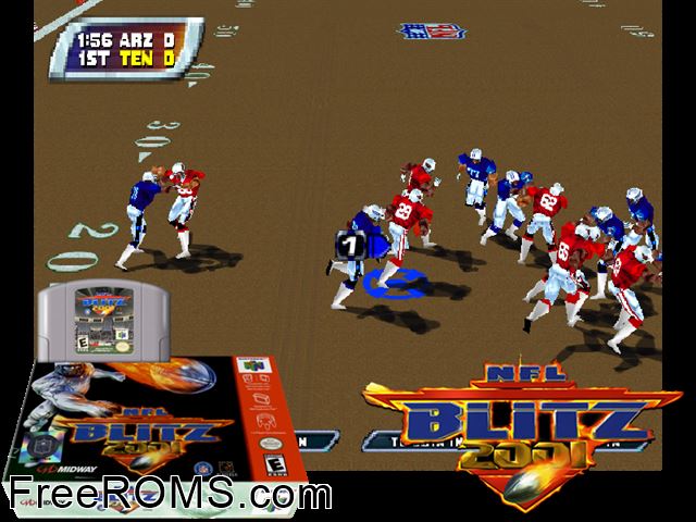 NFL Blitz 2001 N64 game showing 3D box cover and gameplay screenshot