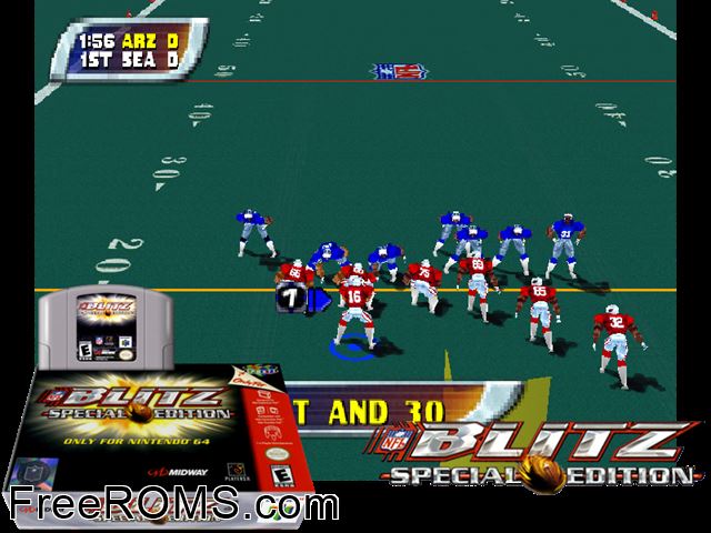 NFL Blitz - Special Edition N64 game showing 3D box cover and gameplay screenshot