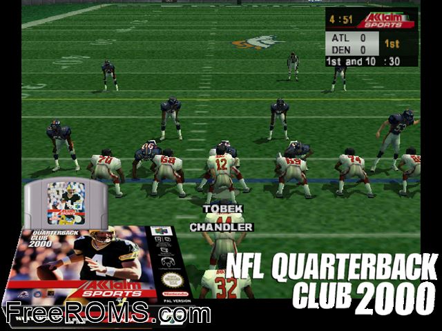 NFL Quarterback Club 2000 N64 game showing 3D box cover and gameplay screenshot