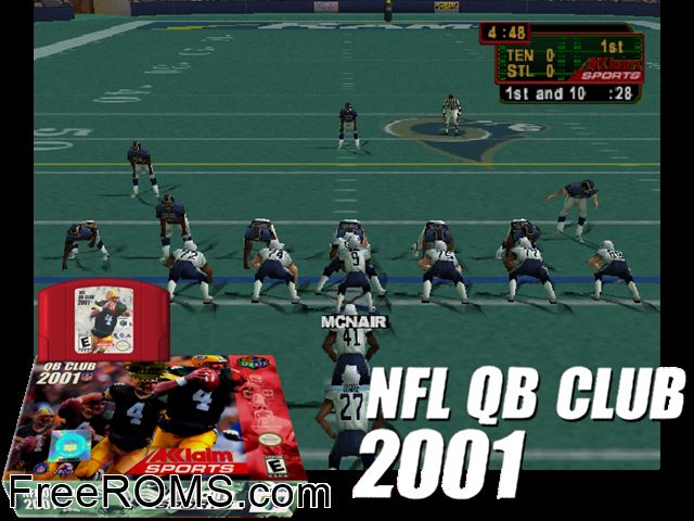 NFL Quarterback Club 2001 N64 game showing 3D box cover and gameplay screenshot