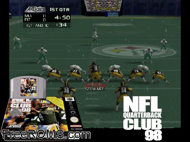 NFL Quarterback Club 98 N64 game showing 3D box cover and gameplay screenshot