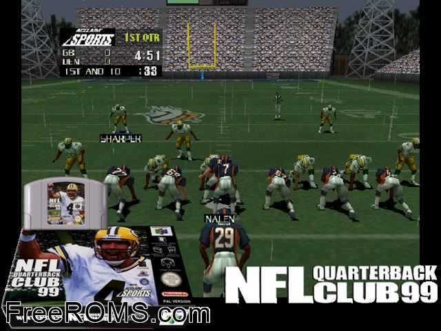 NFL Quarterback Club 99 N64 game showing 3D box cover and gameplay screenshot