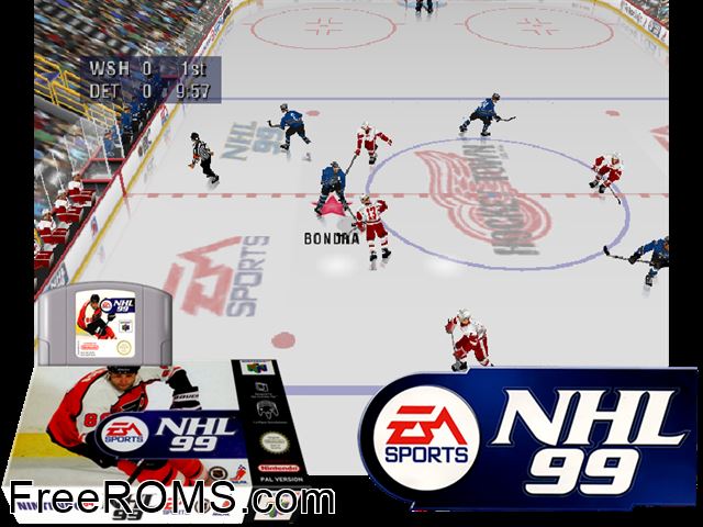 NHL 99 N64 game showing 3D box cover and gameplay screenshot