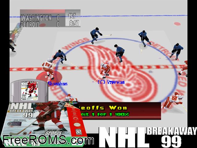 NHL Breakaway '99 N64 game showing 3D box cover and gameplay screenshot