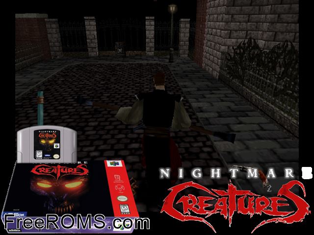 Nightmare Creatures N64 game showing 3D box cover and gameplay screenshot