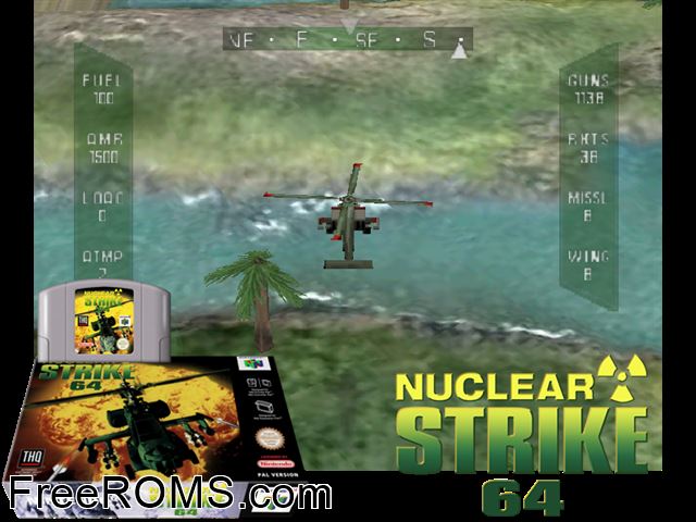 Nuclear Strike 64 N64 game showing 3D box cover and gameplay screenshot