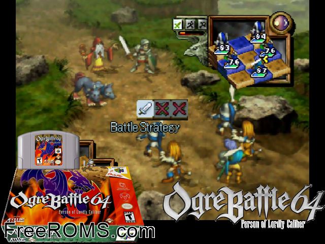 Ogre Battle 64 - Person of Lordly Caliber N64 game showing 3D box cover and gameplay screenshot