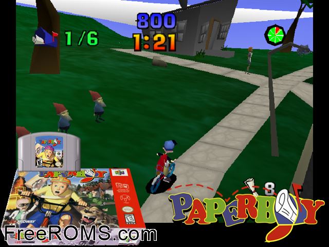 Paperboy N64 game showing 3D box cover and gameplay screenshot