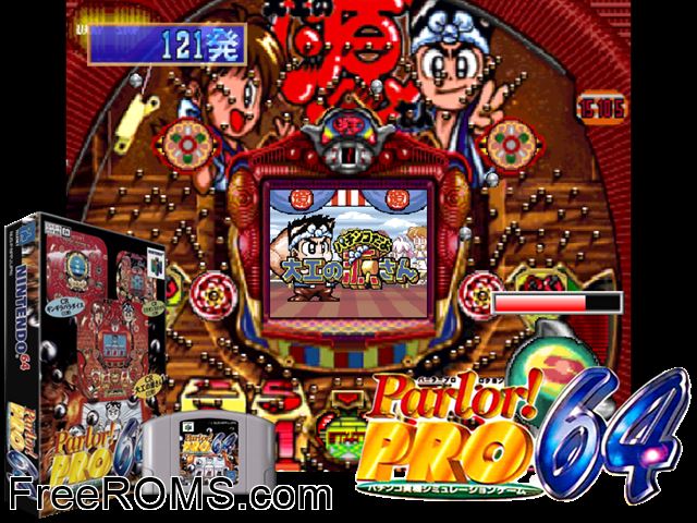 Parlor! Pro 64 - Pachinko Jikki Simulation Game Jap N64 game showing 3D box cover and gameplay screenshot