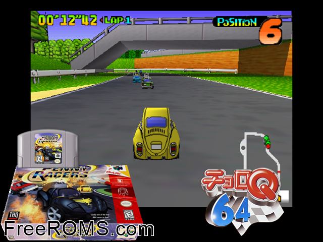 Penny Racers N64 game showing 3D box cover and gameplay screenshot