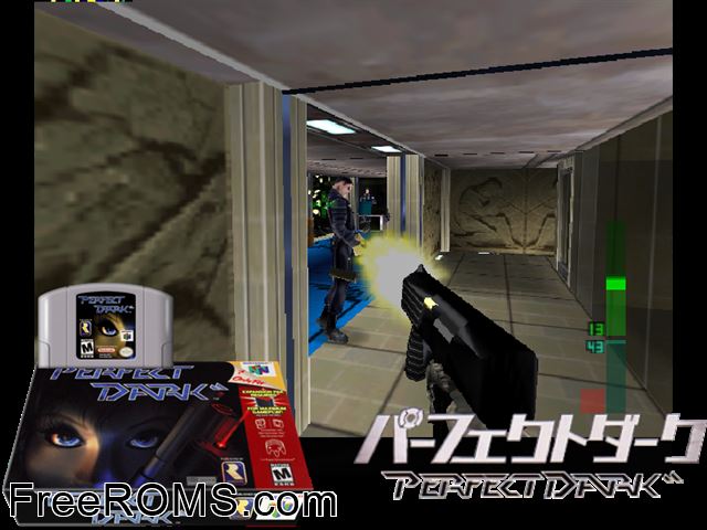 Perfect Dark N64 game showing 3D box cover and gameplay screenshot