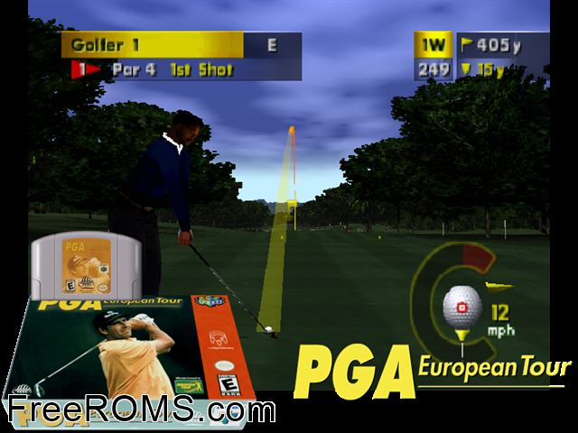 PGA European Tour N64 game showing 3D box cover and gameplay screenshot