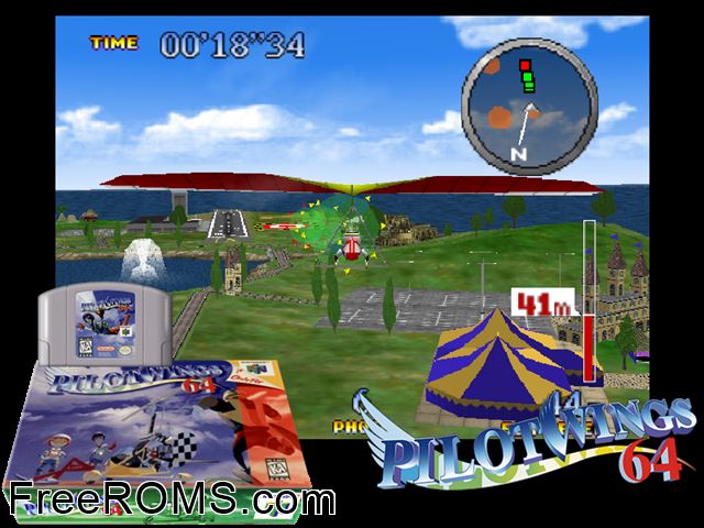 Pilot Wings 64 N64 game showing 3D box cover and gameplay screenshot