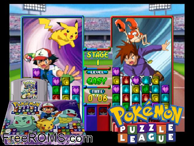 Pokemon Puzzle League N64 game showing 3D box cover and gameplay screenshot