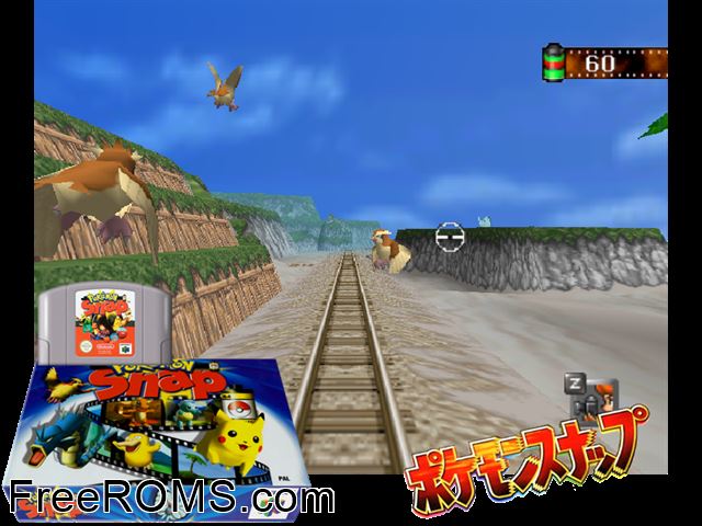 Pokemon Snap N64 game showing 3D box cover and gameplay screenshot