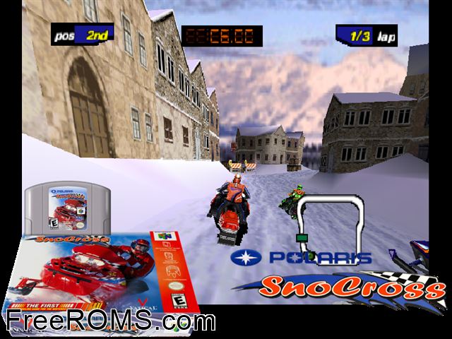 Polaris SnoCross N64 game showing 3D box cover and gameplay screenshot