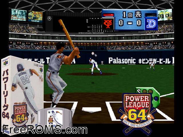 Power League 64 N64 game showing 3D box cover and gameplay screenshot
