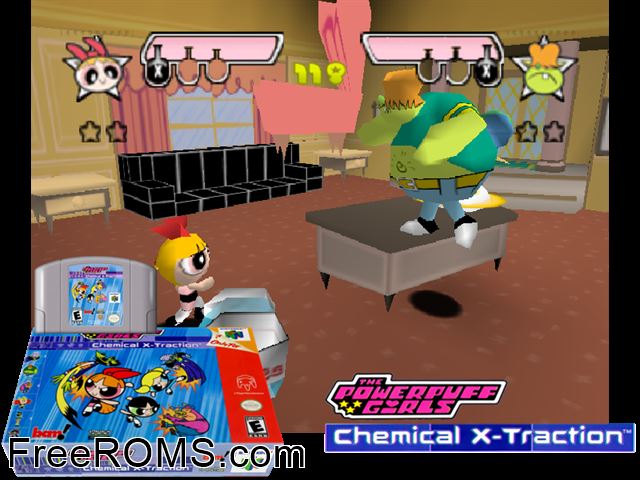 Powerpuff Girls, The - Chemical X-Traction N64 game showing 3D box cover and gameplay screenshot